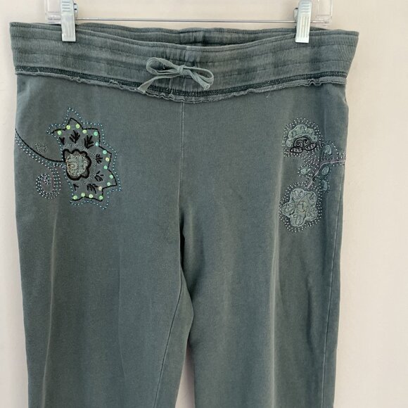 VTG Y2K Vertigo Paris Embroidered Track Pants Women's L Olive Double Sided Bling - Picture 2 of 12